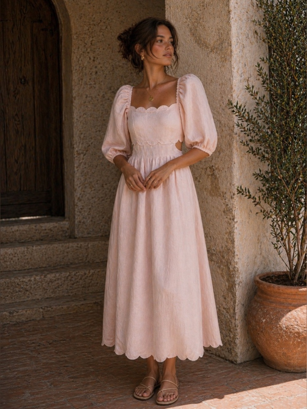Mable Pink Scalloped Puff Sleeve Open Back Linen Midi Dress Size Medium
